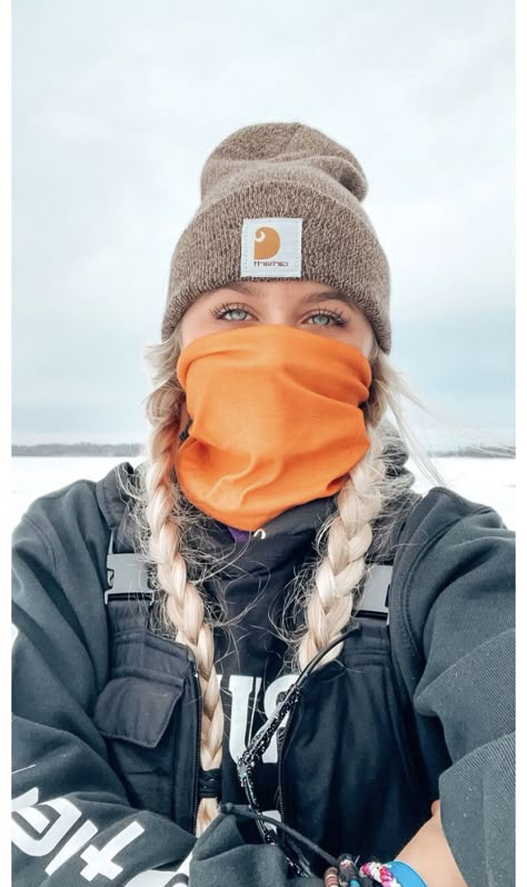 Western Outfits With Beanies, Womens Fishing Outfit Winter, Winter Fishing Outfit, Carhartt Sweatshirt Outfit Women, Carhartt Bibs Outfit, Two Ponytails Hairstyle, Carhartt Women's Outfit, Ponytails Hairstyle, Country Girl Aesthetic