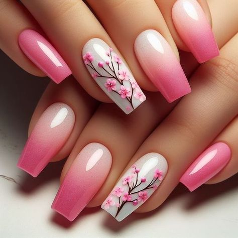 Cherry Blossom themed Pink nails Cherry Blossom Nails Art, Nails With Flowers, Pink Nail Art Designs, Cherry Blossom Nails, Simple Spring Nails, Cute Spring Nails, Nail Designs Valentines, Spring Nail Art, Short Acrylic Nails Designs