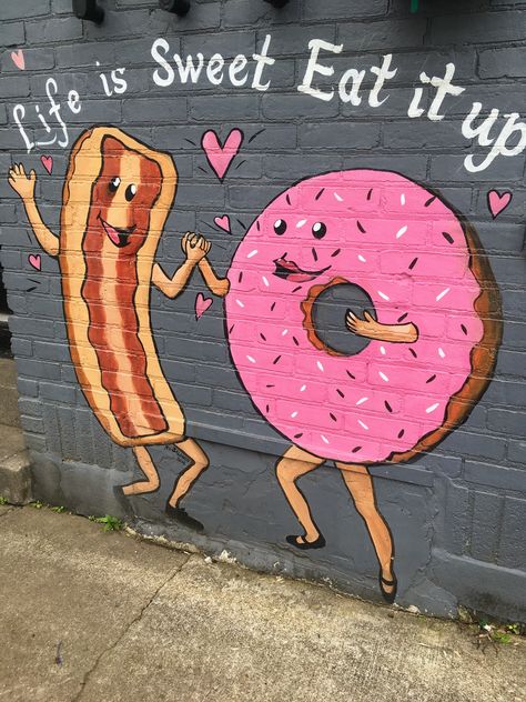 Life is sweet, eat it up wall mural. Louisville, Kentucky. Donut. Bacon. Photography Studio Design, Instagram Wall, Life Is Sweet, School Murals, My Old Kentucky Home, The Bakery, Cafe Wall, Donut Shop, Louisville Kentucky