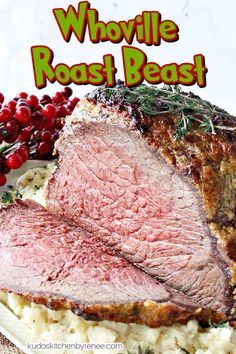 A vertical closeup of a medium rare Whoville Sliced Roast Beast on a bed of mashed potatoes with fresh herbs. Grinch Christmas Party Ideas, Roast Beast, Christmas Roast, Christmas Party Ideas, Grinch Christmas Party, Measuring Ingredients, Roast Beef Recipes, Christmas Party Food, Reduce Food Waste