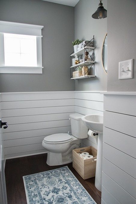 Shiplap Wood Panelling Halfway Up Wall In Powder Room - Shiplap Half Wall Bathroom , Download HD Wallpaper Beautiful Powder Rooms, Makeover Kamar Mandi, Modern Powder Rooms, Modern Powder Room, Diy Wainscoting, Kitchen Ornaments, Modern Toilet, Decor Baie, Half Bathroom