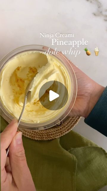 Chantelle | The Generous Scoop on Instagram: "3 Ingredient Pineapple Dole Whip Creami 🍍🍦

1.5 cups crushed pineapple (canned works better with this recipe. If using fresh, opt for a nondairy milk) 
3 tsp Sugarfree vanilla pudding powder 
1/4 cup milk of choice + splash for response

Mix all ingredients in Ninja Creami container until everything is combined. Freeze for 24 hours. 
Spin on lite ice cream. 
After first spin, it will be crumbly
Add a splash of milk and re-spin 

Enjoy! 🍍 

**disclaimer, some batches will have to be spun 3 times for the perfect consistency. 

#ninjacreami #ninjacreamirecipes #pineappledolewhip #healthydessertrecipes" Pineapple Ninja Creami Recipe, Dole Whip Ninja Creami, Dole Whip Ninja Cream I, Protein Dole Whip Ninja Creami, Coconut Protein Ice Cream Ninja Creami, Pineapple Dessert Easy, Heathy Treats, Dole Whip Recipe, Pineapple Desserts