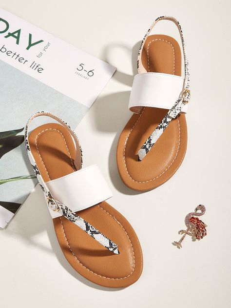 White Fashionable    Snakeskin Print Thong Sandals Embellished   Women Shoes Women Footwear Casual, Ladies Footwear Design, Female Shoes Flats, Casual Slippers Women, Leather Sandals Women Handmade, Ladies Sandals Flat Simple, Open Shoes For Ladies, Trendy Footwear For Women, Ladies Sandals Flat