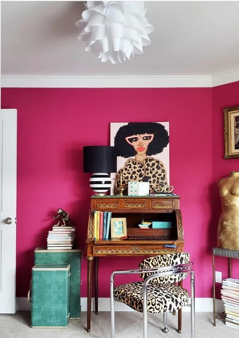 Hot pink wall paint in a glam eclectic home office Hot Pink Wall Paint, Hot Pink Room, Magenta Walls, Hot Pink Bedrooms, Pink Painted Walls, Hot Pink Walls, Murs Roses, Buy My House, Art Deco Chair