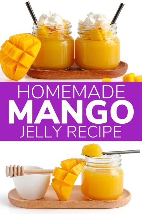 This easy mango jelly recipe (aka homemade mango jello) is a delicious and healthy make ahead dessert or snack. Made from four simple ingredients (including real mango!) and takes just 15 minutes to prep. The hardest part is waiting for it to set so you can dig into this jiggly goodness! | www.mapleandmango.com Mango Jelly Recipe, Mango Jello, Jelly Homemade, Mango Jelly, Mango Dessert Recipes, Mango Dessert, Jelly Recipe, Make Ahead Desserts, Mango Recipes