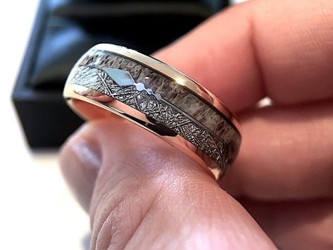 Wedding Bands Rose Gold Antler Ring Meteorite Ring Mens | Etsy Hunting Wedding Rings, His Wedding Ring, Large Gold Ring, Rose Gold Tungsten Ring, Deer Antler Ring, Wide Wedding Rings, Wide Wedding Bands, Wedding Rings For Men, Rose Gold Tungsten