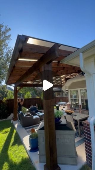 Cover Your Pergola on Instagram: "SkyPoly Pergola Complete in McKinney, Tx. 8x8 posts. 4x12 headers. 4x8 hip transition beam. 2x8 joists and 2x4 purlins. SkyPoly roof. SkyLift Roof Risers for the roof tie! 

DM us or TEXT ME 972-342-1645 to quote! 

#pergola #patiocover #pergoladesign #patioideas #backyardideas" Gable Roof Pergola Attached To House, Gable Roof Pergola, Skypoly Pergola, Pergola Attached To House, Gable Roof, Pergola Designs, The Roof, Text Me, Covered Patio