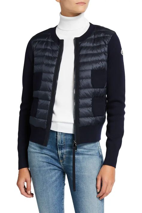 T319Q Moncler Down and Knit Combo Cardigan Women Cardigan Outfit, Moncler Sweater, Four Patch, Moncler Women, Moncler Jacket, Cardigan Outfits, Down Feather, Designer Outfits Woman, Cardigans For Women