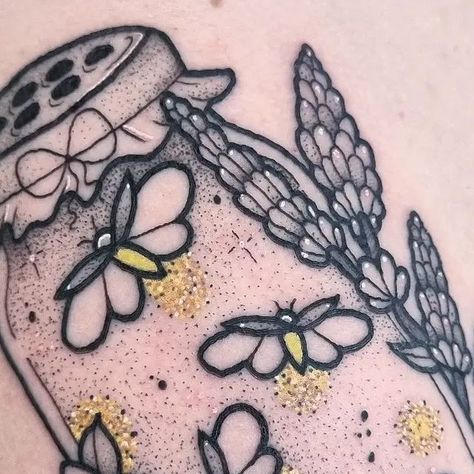 kira hambleton on Instagram: "The cutest firefly jar 😍 thank you for adding this to your collection . Done at @heartofinktattoo Done using - @tattooeverythingsupplies @acri_tattooneedles @bishoprotary @butterluxe_uk . #wigantattoo #manchestertattoo #manchestertattoos #liverpooltattoo #liverpooltattooartist #bright_and_bold #illustration #illustrationtattoo #blackwork #flashworkers #topclasstattooing #tattooflash #tattoos #tattooartist #femaletattooartist #femaleartist #stippletattoo #blackandgreytattoo #boldwillhold #boldlines #flashaddicted #darkacademia #darktattoo #dotworktattoo #tattoosnob #lavendertattoo #fireflytattoo #firefly" Fine Line Firefly Tattoo, Jar Of Lightning Bugs Tattoo, Glitter Tattoo Ideas, Jar With Fireflies Tattoo, Lightning Bug Tattoo, Firefly Tattoo In Jar, Lighting Bug Tattoo Fireflies, Mason Jar With Fireflies Tattoo, Firefly Tattoo