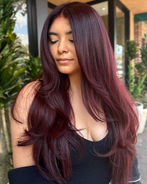 Dark Red Hair Color On Tan Skin, Dark Red Hair For Brunettes, Red Wine Hair Color Ombre Dark Brown, Cherry Cola Hair With Highlights, Deep Cherry Red Hair Burgundy, Sangria Hair Color, Dark Cherry Red Hair Burgundy, Red Hair On Dark Skin Women, Mahogany Red Hair Color