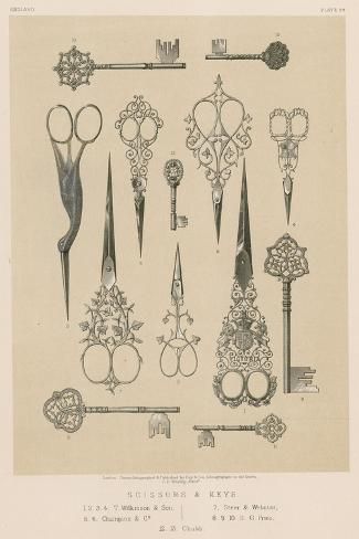 size: 18x12in Giclee Print: Scissors and Keys : Ornate Scissors, Antique Illustration, Elegant Tattoos, 로고 디자인, Tattoo Sketches, Cute Tattoos, High Quality Art Prints, Online Printing, Find Art