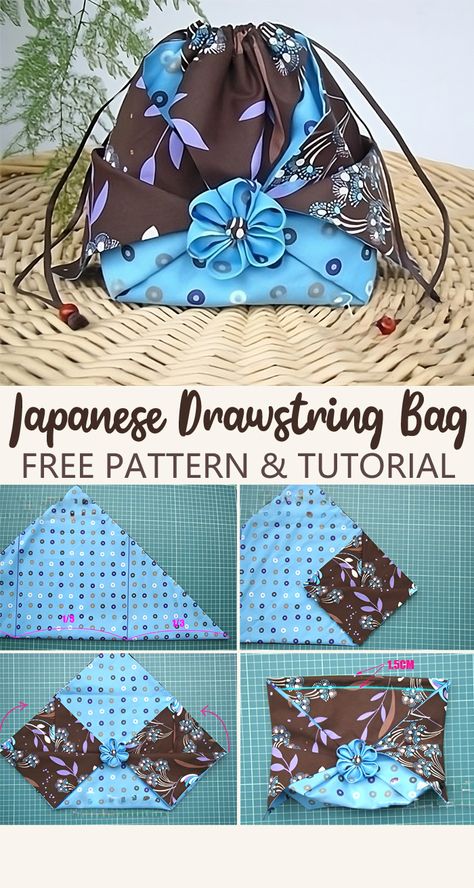 Tutorial: Japanese Drawstring Bag Japanese Patchwork Bags, Japanese Drawstring Bag, Silk Bag Diy, Japanese Bags To Sew, Handmade Fabric Bags Free Pattern, Japanese Rice Bag Pattern Free, Japanese Bag Pattern, How To Make Bag, Diy Rice Bags