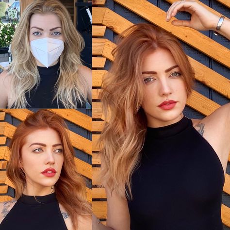 Transition From Blonde To Red Hair, Blonde Hair To Auburn Hair Before And After, Copper Red To Blonde Balayage, Copper Blonde Bayalage, Copper Tones In Blonde Hair, Blonde To Cooper Hair, Copper Blonde With Dark Roots, Adding Red To Blonde Hair, Before And After Copper Hair