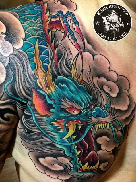 Japanese Dragon Tattoos Color, Colored Dragon Tattoo, Dragon Tattoo Color, Color Dragon Tattoo, Traditional Back Tattoo, Dragon Tattoo Chest, Celtic Tattoos For Men, Dragon Tattoo Drawing, Dragon Head Tattoo