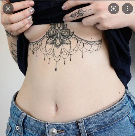 Tattoo Under Breast, Underboob Tattoo Designs, Tattoo Lotus, Underboob Tattoo, Chest Tattoos For Women, Dope Tattoos For Women, Lace Tattoo, Sternum Tattoo, Hand Tattoo