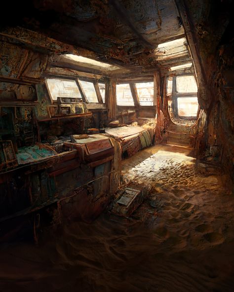 Apocalypse Landscape, Interior Concept Art, Procreate Painting, Nathan Chen, Wasteland Weekend, Post Apocalyptic Art, Apocalypse Art, Mystical Places, Abandoned Ships