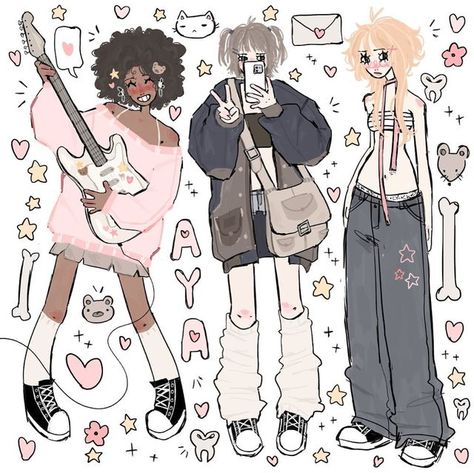 aya on Instagram: "girl group" Pretty Sketches, Ideas For Your Sketchbook, Sketchbook Aesthetic, Memorial Art, Character Fashion, Y2k Art, Candy Wrapper, Swag Art, Drawing Style