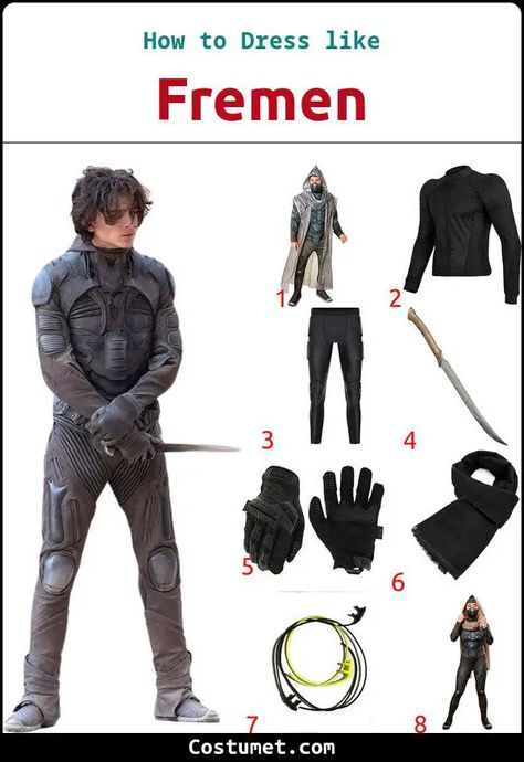 Fremen / Stillsuit Costume from Dune Dune Diy Costume, Paul Atreides Halloween Costume, Dune Couple Costume, Dune Inspired Outfit Men, Paul Atreides Costume, Chani Dune Costume, Dune 2 Costumes, Dune Cosplay Diy, Dune Costume Halloween