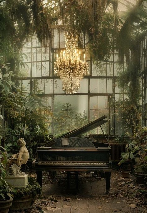 Expectations Aesthetic, Victorian Garden Aesthetic, Overgrown Nature, Overgrown Mansion, Piano Photography, Victorian Greenhouse, Victorian Greenhouses, Diy Moss, Wonderland Aesthetic