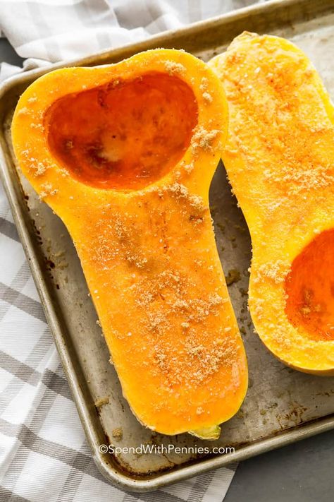 We love making easy baked butternut squash in the oven! It involves minimal prep work and always comes out flavorful. #spendwithpennies #squash #bakedbuternutsquash #roastedsquash #butternutsquash #easybutternutsquash #ovenbakedsquash #bakedsquash Butternut Squash Brown Sugar, Butternut Squash Microwave, Butternut Squash Recipes Easy, Recipes Microwave, Oven Roasted Butternut Squash, Butternut Squash Recipes Roasted, Easy Butternut Squash, Sage Recipes, Baked Butternut Squash