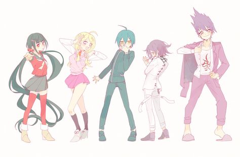 Maki Harukawa | Kaede Akamatsu | Shuichi Saihara | Kokichi Ouma | Kaito Momota Kaito Momota, Maki Harukawa, Kaede Akamatsu, New Danganronpa V3, Five Friends, Cartoon Video Games, Dangan Ronpa, Danganronpa Memes, Trigger Happy Havoc