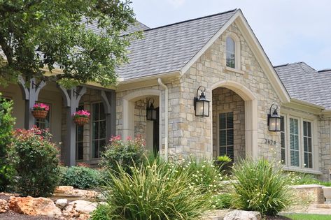 Country French - Havenwood - Traditional - Exterior - Austin - by Dibello Architects, PLLC | Houzz Asymmetrical House, French Country Porch, Painted Porch, Architects Portfolio, Rock House, Cozy Family Rooms, Porch Posts, Country Style House, Country Porch