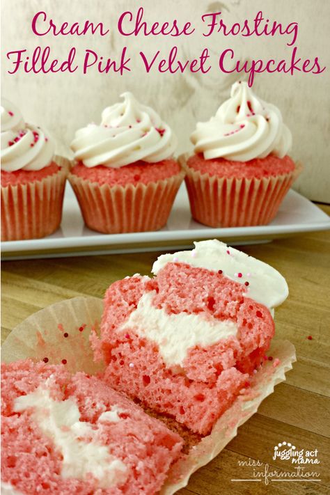 Cream Cheese Frosting Filled Pink Velvet Cupcakes from Juggling Act Mama Valentines Cakes And Cupcakes, Valentines Cakes, Pink Velvet Cupcakes, Valentine Day Cupcakes, Valentines Cupcakes, Velvet Cupcakes, Truffle Recipe, Cakes And Cupcakes, Red Velvet Cupcakes