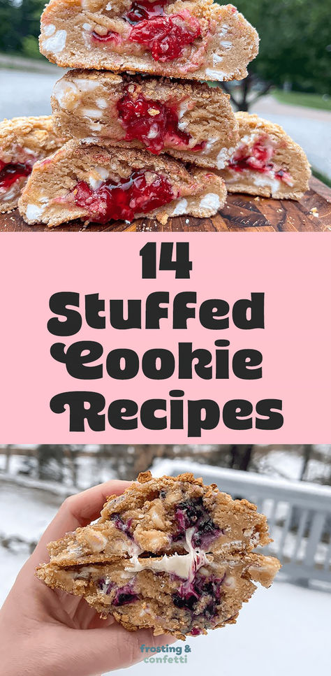 Discover 14 mouthwatering stuffed cookie recipes that will take your dessert game to the next level! From gooey caramel-filled cookies to decadent Nutella-stuffed treats, get ready to indulge in a burst of flavor. Try these amazing recipes today and treat your taste buds to a heavenly experience Hazelnut Stuffed Cookies, Stuffed Caramel Cookies, Twix Stuffed Cookies, Oatmeal Stuffed Cookies, Huge Stuffed Cookies, Rare Cookie Recipes, Unusual Cookie Flavors, Chewy Gooey Cookies, Desserts With Cookies