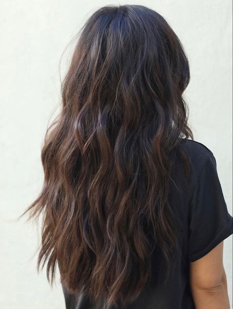 Dark Layered Hair Long, Burnett Fall Hair Color, Long Hair Wavy Layers, Long Brown Hair Inspiration, Long Brown Hair Ideas, Chocolate Brown Medium Length Hair, Thick Wavy Brunette Hair, Long Brown Hair With Layers Wavy, Long Dark Hair With Layers