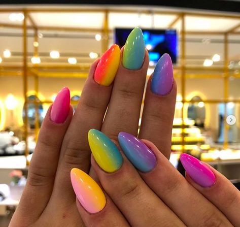 What do you think of these? 2019 Nails, Multicolored Nails, Unghie Sfumate, Bright Summer Nails, Manicure Inspiration, Unicorn Nails, Nail Room, Nail Swag, Summer Acrylic Nails