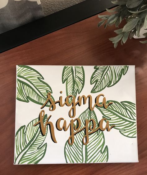 Sigma Kappa Canvas #palm #leaves #canvas #sorority #sigma #kappa #skbetanu #sk #BradleyUniversity #BU #gold #Hawaiian #craft #cute #biglittle Kappa Canvas, Sigma Kappa Canvas, Phi Mu Canvas, Chi Omega Canvas, Canvas Sorority, Little Gifts Sorority, Big Little Canvas, Sorority Art, Big Little Basket