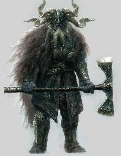 Jarl Storvald | The hanged Three Wiki | Fandom Half Giant Character Design, Storm Giant Dnd, Storm Giant Art, Goat Warrior, Half Minotaur, Chris Rahn, Half Giant, Giant Warrior, Viking Gods