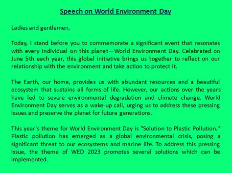 Speech on World Environment Day for Students Environmental Day Speech, Speech On Environment, Environment Speech, World Environment Day Speech, Speech In English, Waste Management System, Cloud Type, English Speech, Save Environment