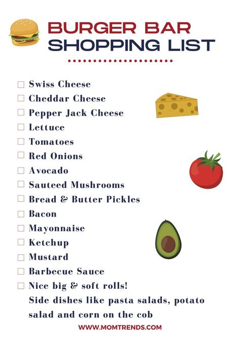 Free printable burger bar shopping list. #partyidea #party #burgerbar #summerfun Burger Bar Toppings List, Cheeseburger Bar Party, Burger Birthday Party Ideas, Hamburger Party Ideas Summer Burger Bar, Burger Bar Wedding Receptions, Hamburger Bar Ideas Birthday Parties, Burger Bar Party Food Stations, Burger Bash Birthday, Hamburger Party Bar Food Ideas