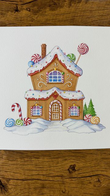 Gingerbread House Drawings, December 4, Cozy Aesthetic, House Drawing, Christmas Drawing, Process Art, Painting Process, Gingerbread House, Watercolour Painting