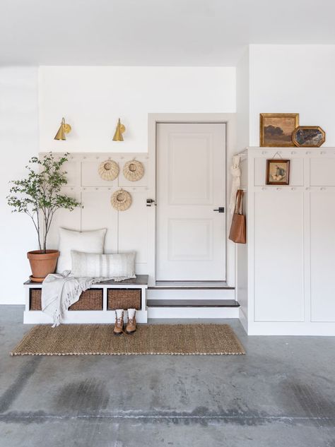 Mud Room Hooks And Bench, Garage Storage Bench Ideas, One Wall Mudroom, Garage Bench And Shoe Storage, Neutral Mudroom, Garage Bench, Mudroom Garage, Boot Rooms, Garage Entrance