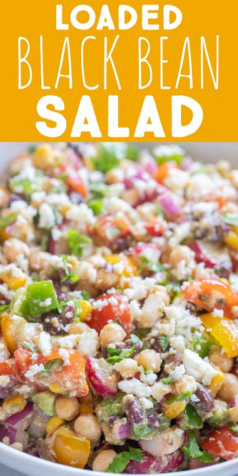 This Loaded Black Bean Salad is packed with so many delicious ingredients and it's tossed with a simple lime juice dressing. Make this black bean salad for parties, potlucks, BBQs or just for yourself! Enjoy with tortilla chips or crackers or fill a taco with this flavorful vegetarian black bean salad! #blackbeansalad #sidedish #summersalad #vegetarianrecipe #chipsanddip Salad For Parties, Bean Salad Recipes Healthy, Bean Salad Dressing, Black Bean Salad Recipe, Black Bean Tacos, Black Bean Recipes, Seasonal Salad, Black Bean Salad, Bean Tacos