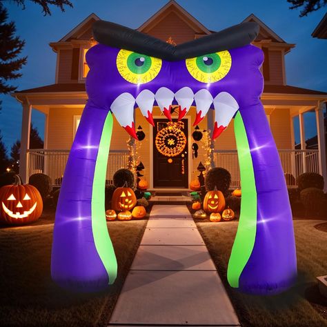 Lighted Halloween Outdoor Decorations: Add a touch of spookiness to your yard, lawn, or garden with this illuminating Inflatable Owl Arch. Its built-in super bright LED light bulbs create a bewitching nighttime display that is sure to captivate everyone on the spookiest night of the year. Make your outdoor space come alive with eerie lights and bring the Halloween spirit to life with this eye-catching decoration. Scary Owl, Easter Inflatables, Halloween Blow Ups, Owl Halloween, Inflatable Pumpkin, Outdoor Inflatables, Inflatable Decorations, Outdoor Party Decorations, Halloween Inflatables