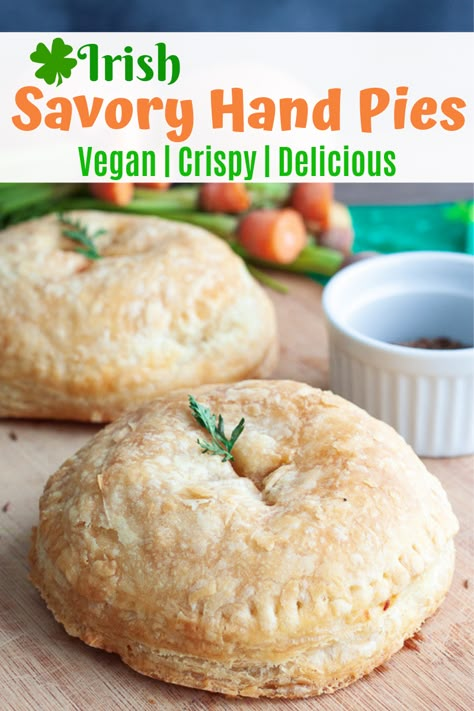 These crispy and buttery vegan hand pies are full of vegetables and tempeh for a healthy and delicious pie for your hand! Irish-inspired savory hand pies that are super easy to make! #veganhandpies #savoryhandpies #savoryveganhandpies #easyhandpies #irishhandpies Vegan Hand Pies, Vegetarian Hand Pies, Savory Hand Pies, Potatoes Cabbage, Hand Pies Savory, Vegetarian Comfort Food, Potatoes Carrots, Caraway Seeds, Savory Vegan