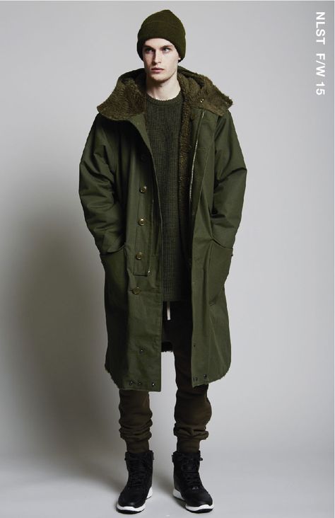 NLST F/W 15 MEN #NLST #FW15 #ARMY #menswear Men Outfit Reference, Army Outfit Men, Parka Jacket Outfit Men, Chinese Male Fashion, Parka Outfit Men, Mens Military Fashion, Parka Jacket Men, Parka Outfit, Parka Men