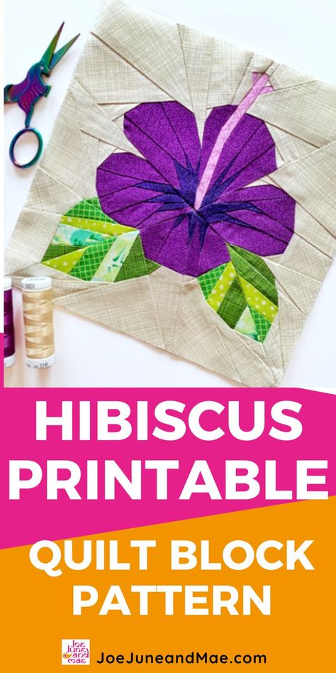 Awesome Hibiscus Flower Quilt Block Pattern, PDF printable pattern, instant download. Tropical flowers at your doorstep with these amazing quilt block patterns. these designs are modern and ideal for your fabric scraps. This hibiscus flower is perfect for your summer quilt and sewing projects. start your DIY projects with these beautiful tropical flowers.   #joejuneandmae #quiltblockpattern #quiltideas #flowerquiltspattern Hibiscus Quilt, Flower Quilt Pattern, Flower Quilt Block, Paper Peicing Patterns, Tropical Quilts, Flower Quilt Patterns, Quilt Blocks Easy, Paper Pieced Quilt Patterns, Foundation Paper Piecing Patterns