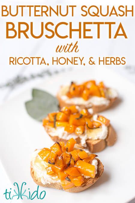 Butternut squash bruschetta is the perfect fall or winter appetizer. Slices of toasted bread are topped with a creamy mix of ricotta, honey, and browned butter, then a generous heap of roasted butternut squash, and drizzled with honey. Squash Appetizer, Squash Bruschetta, Butternut Squash Appetizer, Squash Appetizers, Ricotta And Honey, Winter Appetizers, Bruschetta Ingredients, Fall Appetizers, Toasted Bread