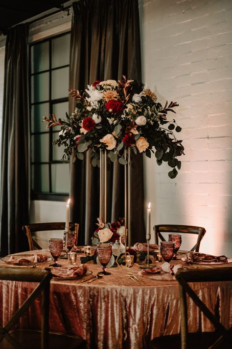 Dark and Moody Fall Wedding Inspiration | The West Events | Photography by Wedding Photography Poses Bridal Party, Moody Fall Wedding, Dark Romantic Wedding, Fall Floral Centerpieces, Reception Table Centerpieces, Dark Wedding Theme, Destination Wedding Reception, Indoor Wedding Receptions, Fall Wedding Inspiration