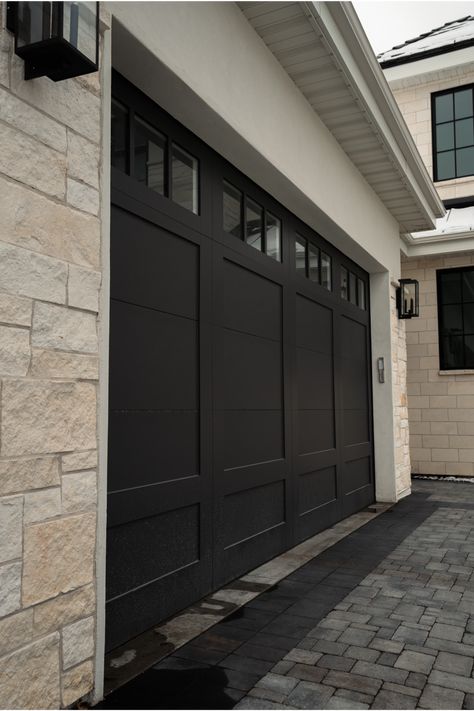 Custom Cornerbrook Garage Doors | Vidor Garage Doors Black Garage Door, Exterior Garage Door, Black Garage Doors, Contemporary Garage Doors, Aluminium Garage Doors, Double Garage Door, Garage Door House, Black Garage, Modern Garage Doors