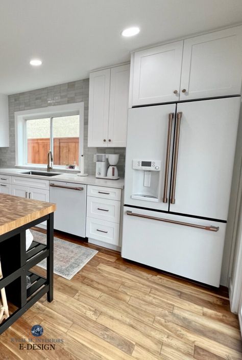 THE BEST CABINET PAINT COLORS TO GO WITH GE CAFE WHITE APPLIANCES - Kylie M Interiors Ge Cafe White Appliances, Best Cabinet Paint Colors, Best Cabinet Colors, White Fridge, Best Cabinet Paint, Ge Cafe Appliances, Ge Cafe, Kylie M Interiors, White Kitchen Appliances