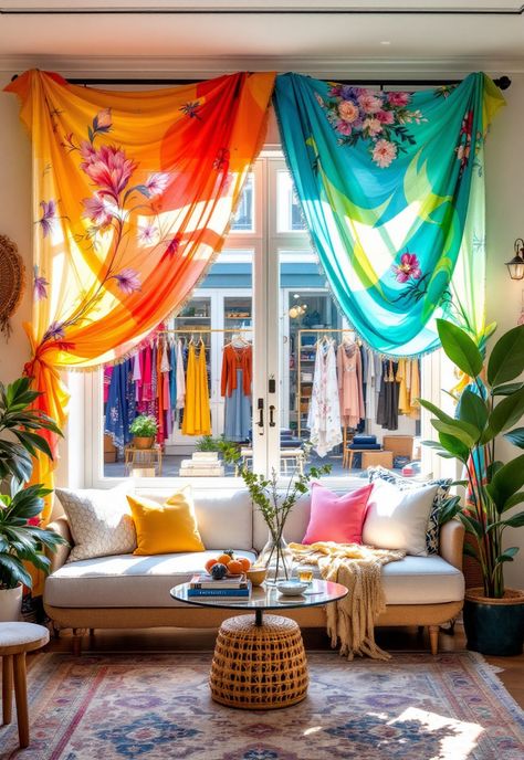 Boho Bedroom Curtain Ideas Scarf Valance Ideas, Boho Style Curtains, Boho Beach Bedroom, Soft Curtains, Scarf Curtains, Curtains Bohemian, Beaded Door Curtains, Arranging Furniture, Bedroom Curtain Ideas