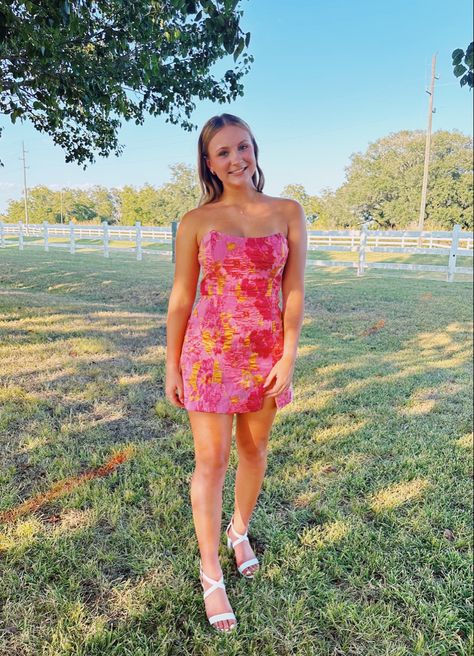 Hoco Flower Dress, Pink And Orange Hoco Dress, Brunette Jewelry, Preppy Homecoming Dresses, Spring Fling Dresses, Orange Hoco Dress, Preppy Homecoming, Hoco 2024, Hoco Dresses Pink