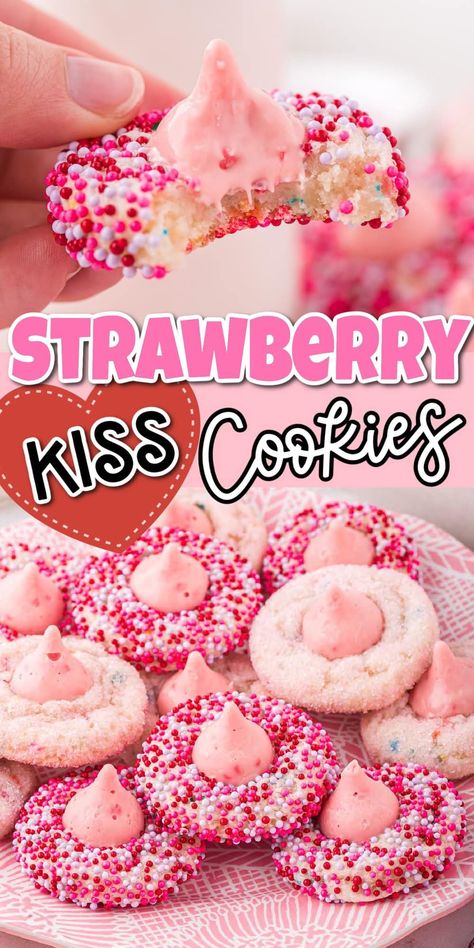 Valentine Cookies Recipe Easy, Valentine Hershey Kiss Cookies, Valentines Cake Cookies, Valentine Kiss Cookies, Cookies Recipes Valentines Day, Valentine’s Day Cookie Recipe, Valentines Sweets Recipes, Strawberry Blossom Cookies, Pink Sprinkle Cookies