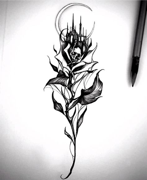 Dark Flower Tattoo, Flower Bouquet Drawing, Skull Art Tattoo, Small Tats, Witch Tattoo, Tattoo Style Drawings, Rose Drawing, Ink Master, Dope Tattoos