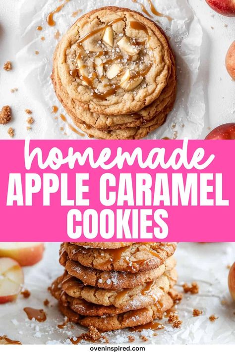 Here are some brilliant yummy and delicious homemade apple caramel cookies you can make from scratch. Easy apple cookies you can make for your family. Save this pin! Caramel Apple Crisp Cookies, Snickerdoodle Apple Pie Cookies, Carmel Apple Cookies Recipe, Apple Carmel Cookie, Caramel Apple Snickerdoodle Cookies, What To Do With Apple Sauce, Gluten Free Apple Cookies, Carmel Apple Cookie Recipe, Salted Caramel Apple Cookies